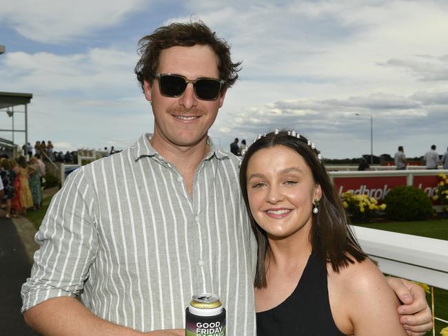 Ladbrokes Sale Cup. Racegoers are pictured attending Cup Day horse races at Sale Turf Club, Sunday 27th October 2024. Curley Nettleton and Ambah Fythe. Picture: Andrew Batsch