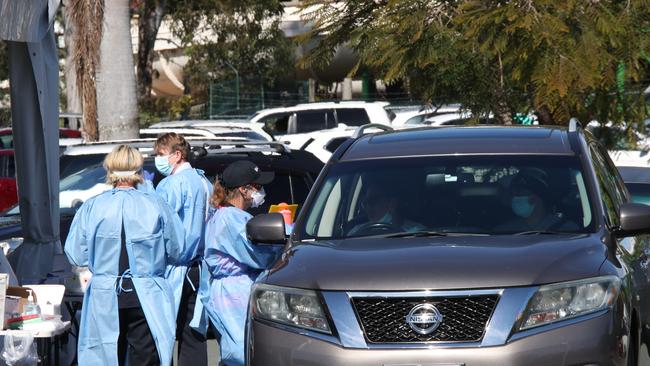 People being tested at the mobile Covid testing centre at Outback Spectacular Carpark at Oxenford. Picture: Glenn Hampson