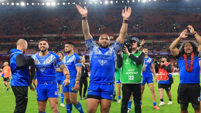 Junior Paulo celebrates after Samoa’s win England at Emirates Stadium. Picture: Getty Images