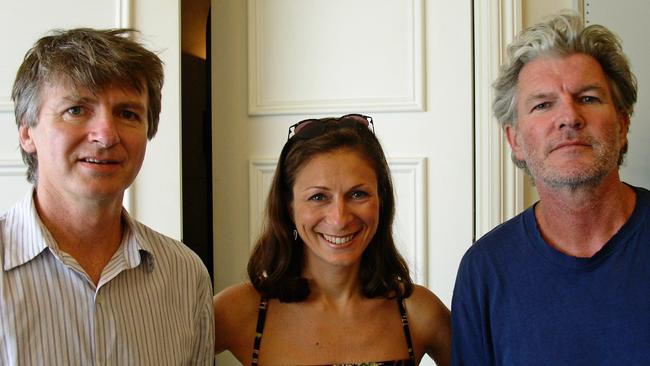 Australian journalist and author Debbie Kruger (centre), pictured with New Zealand singer-songwriters Neil Finn (left) and Tim Finn (right) in Auckland in 2004, after interviewing them for Kruger's book, 'Songwriters Speak’. Picture: supplied