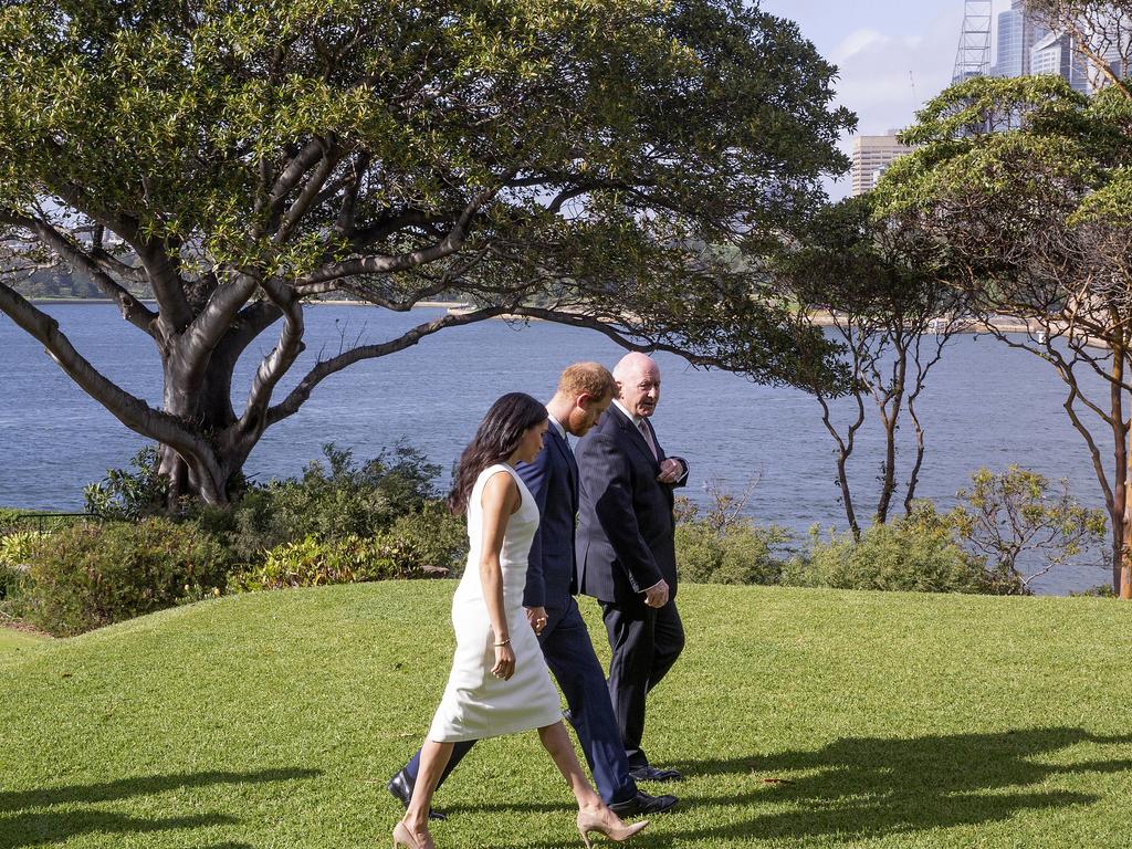 Britain's Prince Harry and the Duchess of Sussex with Australia's Governor-General Sir Peter at Admiralty House in 2018.