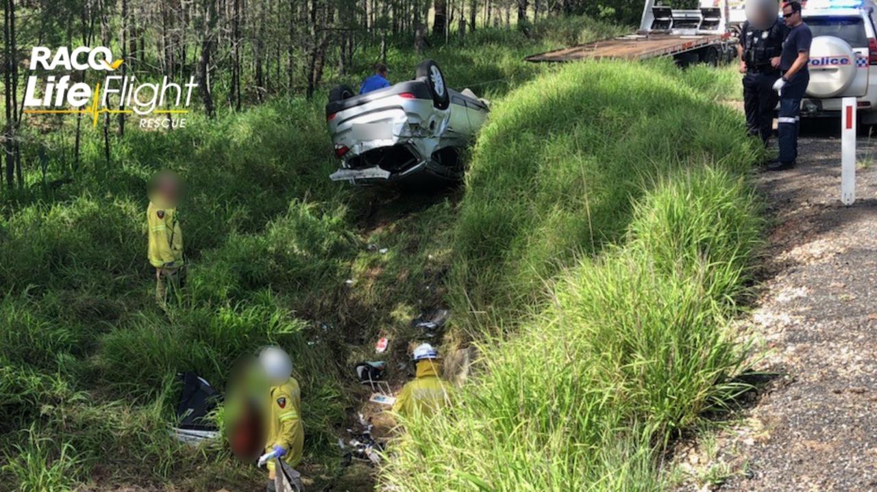 The Toowoomba-based RACQ LifeFlight Rescue helicopter flew a man to hospital, after his vehicle crashed down a gully near Millmerran on Christmas Day. Sadly, he later died. Picture: RACQ LifeFlight