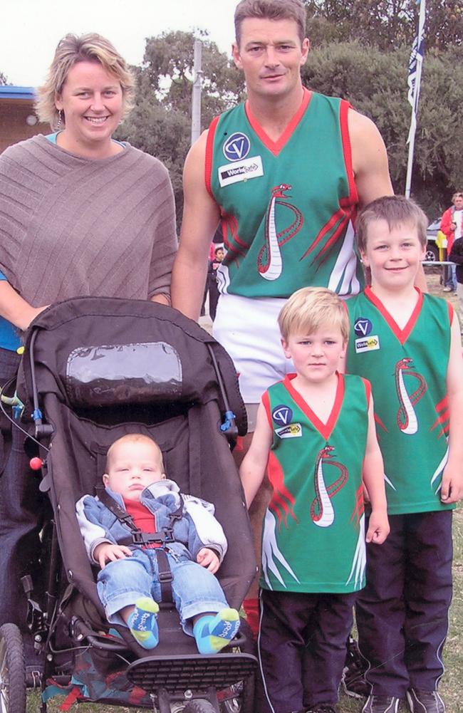 Campbell is the son of Pines Football Club great Mark Hustwaite, pictured here with wife Karen and sons (L-R) Henry, Campbell and Fletcher.