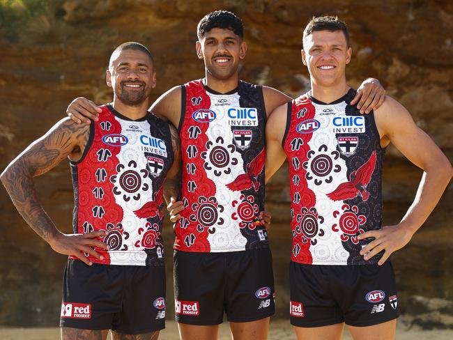 Brad Hill, Nasiah Wanganeen-Milera, and Marcus Windhager model the Saints’ Indigenous jumper. Picture: Morgan Hancock/AFL Photos.