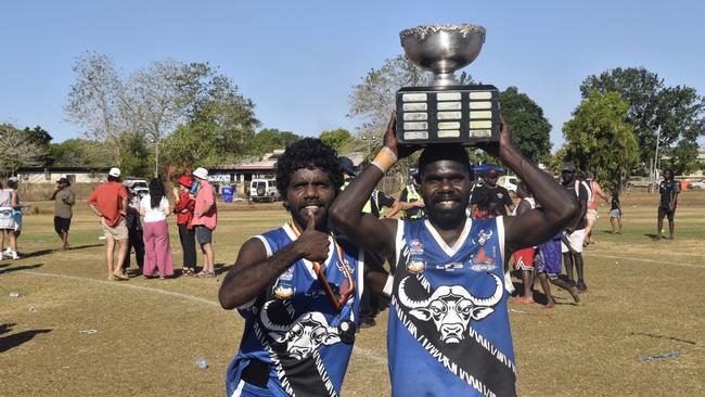 The Buffaloes following the win in the Tiwi Island Football League grand final between Tuyu Buffaloes and Pumarali Thunder. Picture: Max Hatzoglou