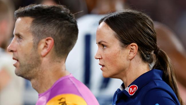 MELBOURNE, AUSTRALIA – MARCH 23: Daisy Pearce of the Cats looks on during the 2023 AFL Round 02 match between the Carlton Blues and the Geelong Cats at the Melbourne Cricket Ground on March 23, 2023 in Melbourne, Australia. (Photo by Dylan Burns/AFL Photos via Getty Images)