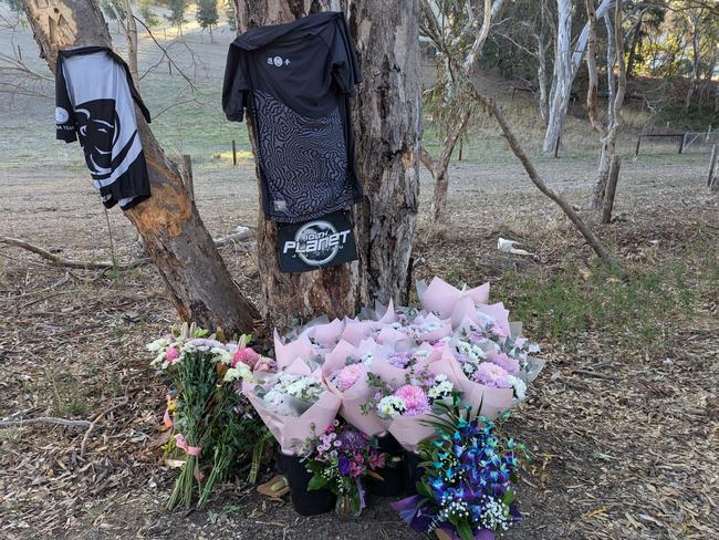 Flowers and martial arts apparel left as tributes at the fatal crash site in Hanhdorf. Picture: Darren Chaitman