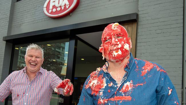 Danny Frawley with co-host Jason Dunstall celebrating the show’s 350th show earlier this year. Picture: Jay Town