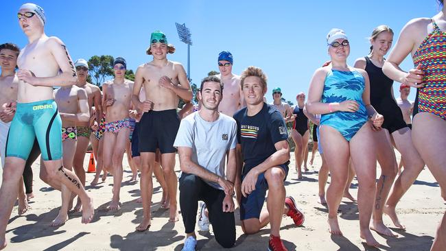 Triathlete Jake Birtwhistle, left, and ironman Cameron Wurf at the secondary schools southern triathlon at Bellerive last year. Picture: LUKE BOWDEN