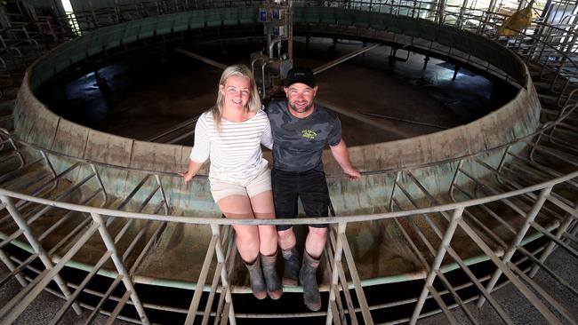 Nicole and Brendan Saunders on their property in Maffra. Picture: Yuri Kouzmin