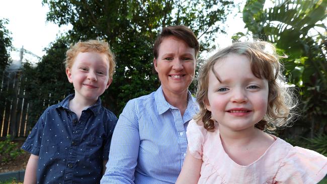 Brisbane resident Alissa Gordon is aware of the skin cancer risk her children Jonty, 5, and Asher, 3, face. Picture: Liam Kidston