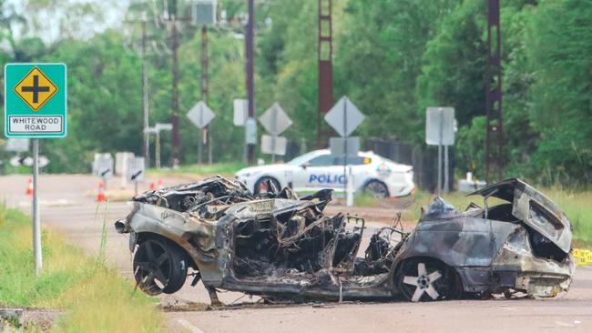 The scene of a fatal car accident on Hillier Rd Howard Springs that claimed the lives of 4 people. Picture: Glenn Campbell