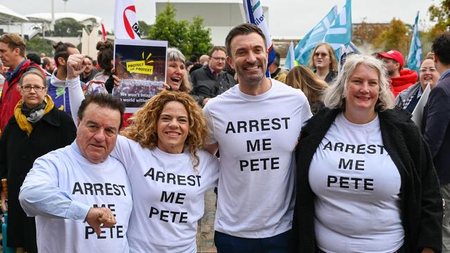 SA Best members Frank Pangallo and Connie Bonaros and Greens members Rob Simms and Tammy Franks with civil rights groups in a rally on Festival Plaza against anti-protest laws. Picture: File