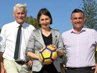 ON THE BALL: Member for Tweed Geoff Provest, NSW Premier Gladys Berejiklian and NSW Deputy Premier John Barilaro announced a $3.2 million upgrade of the facilities at Walter Peate Reserve. Picture: Scott Davis