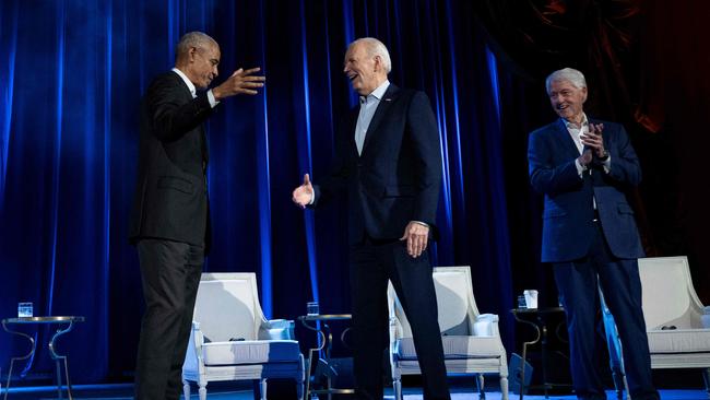 Joe Biden along with Barack Obama and Bill Clinton raised $26 million at an event with Stephen Colbert in New York. Picture: Brendan Smialowski / AFP