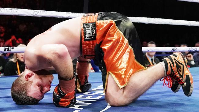 Jeff Horn hits the canvas in his last showdown with Michael Zerafa. Picture: AAP