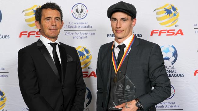 MetroStars’ Sergio Melta Medallist Liam Wooding (right) with Adelaide City great Sergio Melta. Picture: Richard Keane - Sports in Focus