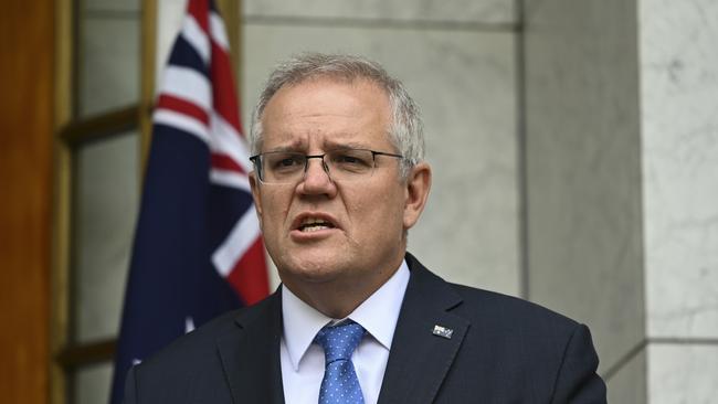 Prime Minister Scott Morrison holds a press conference after the national cabinet meeting at Parliament House. Picture: NCA NewsWire/Martin Ollman