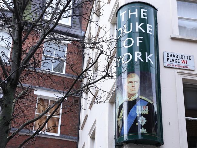 A portrait of Prince Andrew outside The Duke of York pub in London. Picture: Getty Images