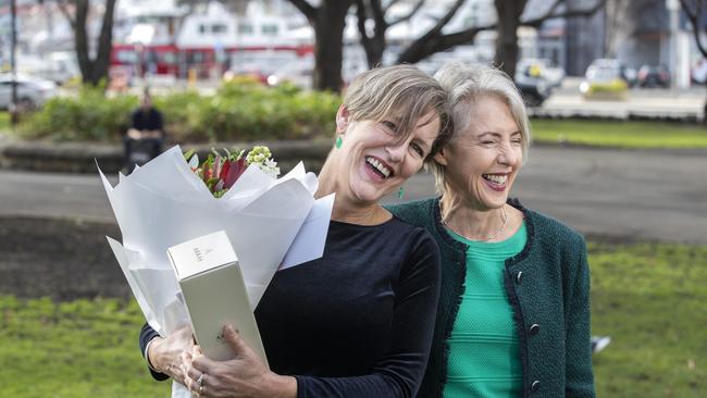 Greens Leader Cassy O'Connor MP announced her resignation with Dr Rosalie Woodruff MP at Hobart in July. Picture: Chris Kidd