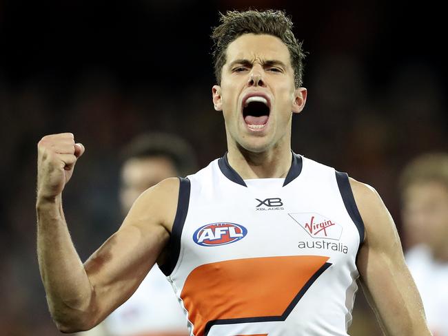 AFL - ROUND 12 - Adelaide Crows v GWS Giants at Adelaide Oval. Josh Kelly celebrates his goal. Picture SARAH REED