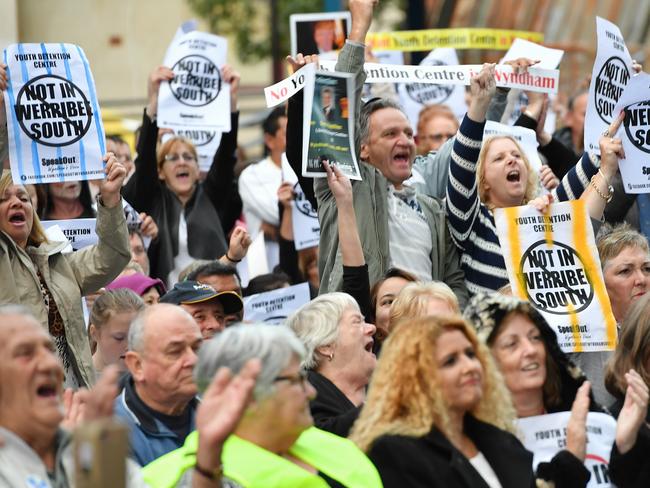 Locals gathered to protest against the building of a youth justice centre in Werribee. Picture: Jake Nowakowski