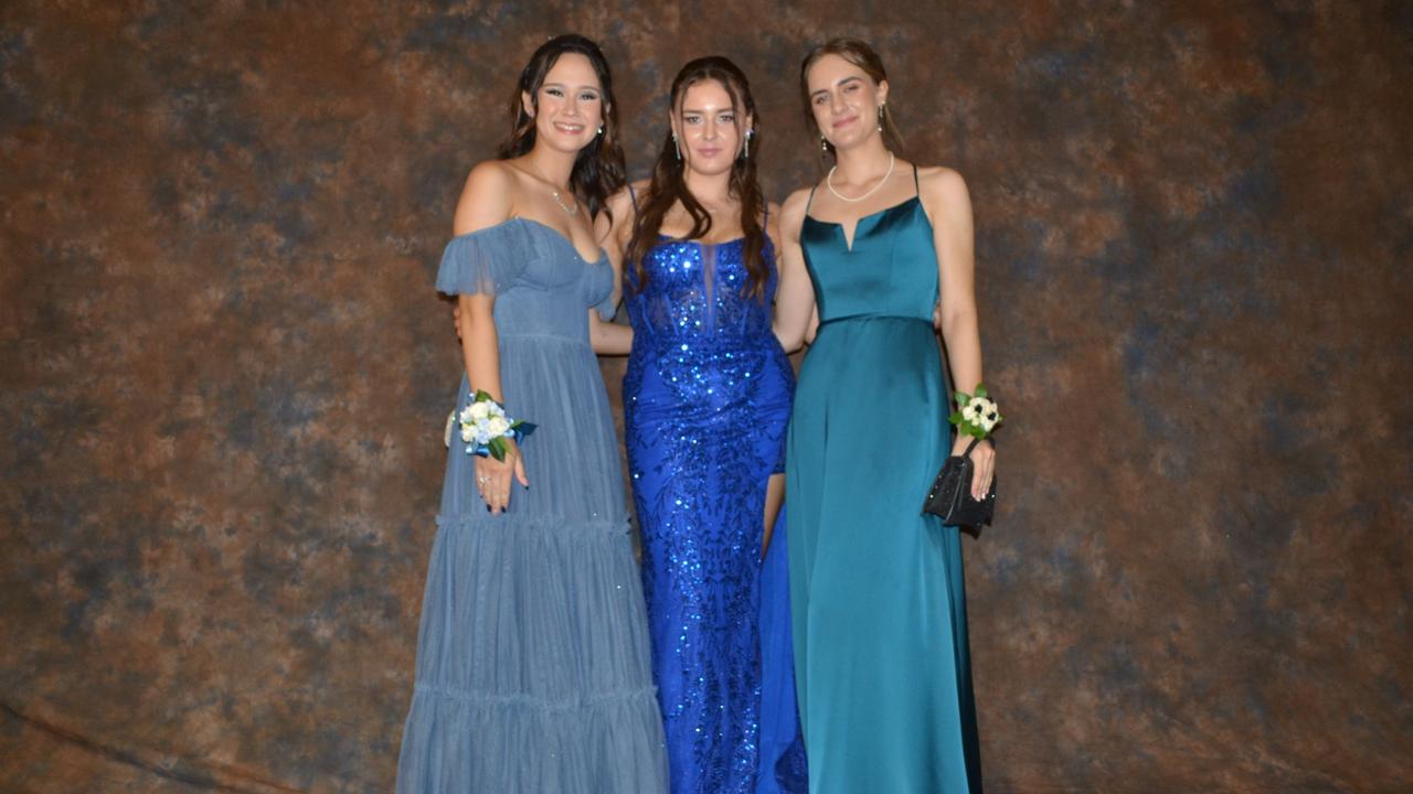 Paige Oâ&#128;&#153;Donnell, Zoe Wieland and Talija Sajkar at Lowood State High School formal in Ipswich Civic Centre on Wednesday, November 13, 2024. Picture: Amber Blums