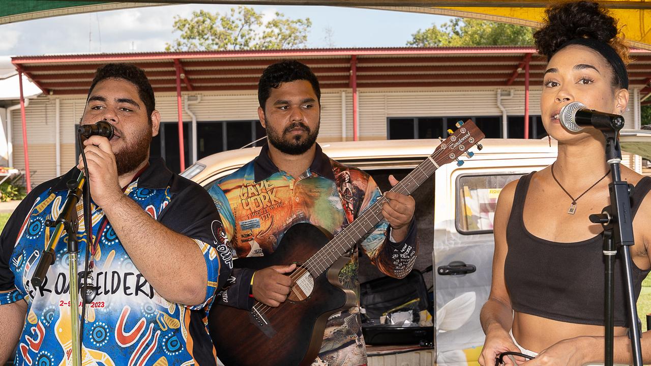 Liam Stansfield, Lee roy Tipiloura and Shanice Mclean at the Charles Darwin University Darwin NAIDOC Family Fun Day at University Pirates Rugby Union Oval, Casuarina. Picture: Pema Tamang Pakhrin