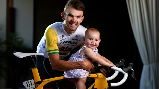 CYCLING - Tour Down Under - National Road Champion and local hero Jack Bobridge with his 16 month old daughter Amellie. Photo Sarah Reed.