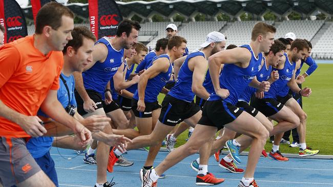 A select group of Kangaroos take on media types in a 2km time trial. Picture: Wayne Ludbey