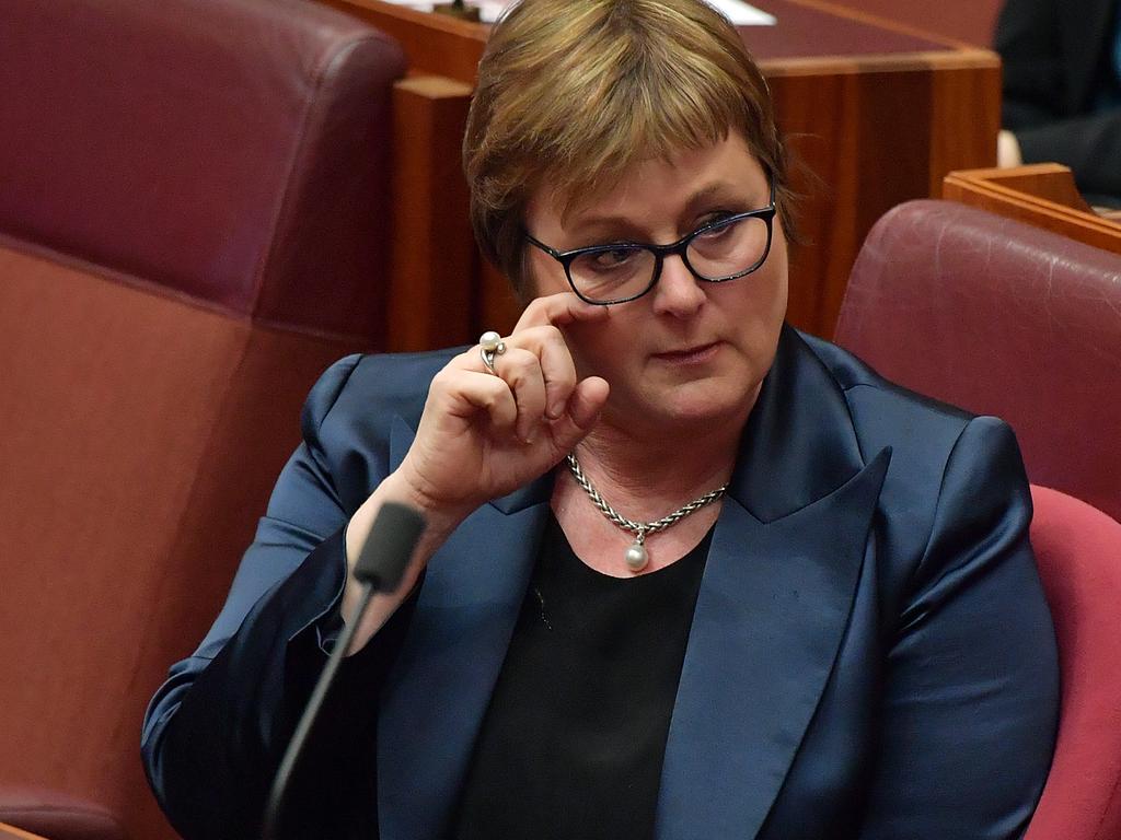 Senator Linda Reynolds wipes a tear during Question Time in the Senate after the Brittany Higgins allegation was made public. Picture: Sam Mooy/Getty Images