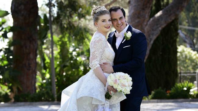 Vincent Tarzia poses with his wife Charissa Duffy at Rostrevor College on Saturday. AAP Image / Bianca De Marchi