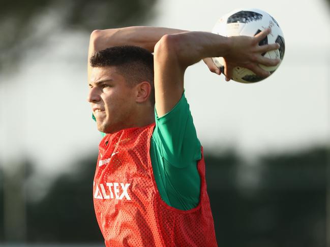 Fran Karacic takes a throw-in during a Socceroos training session in 2018. Picture: Robert Cianflone/Getty Images