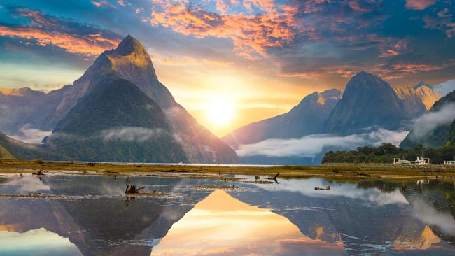 Mitre Peak rising from the Milford Sound fjord in New Zealand.