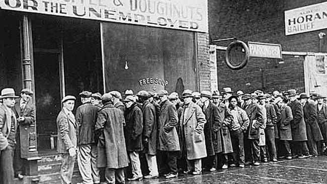 Undated picture of people lined up outside a coffee shop for free soup during the Great Depression.