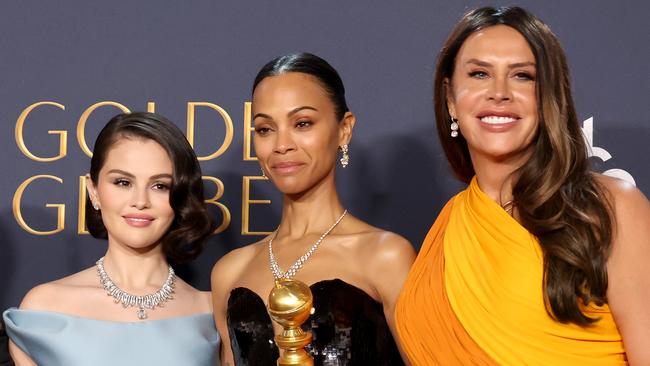 BEVERLY HILLS, CALIFORNIA - JANUARY 05: (L-R) Adriana Paz, Selena Gomez, Zoe Saldana, winner of the Best Performance by a Female Actor in a Supporting Role in Any Motion Picture award for “Emilia Pérez,” and Karla Sofía Gascón pose in the press room during the 82nd Annual Golden Globe Award at The Beverly Hilton on January 05, 2025 in Beverly Hills, California. (Photo by Amy Sussman/Getty Images)