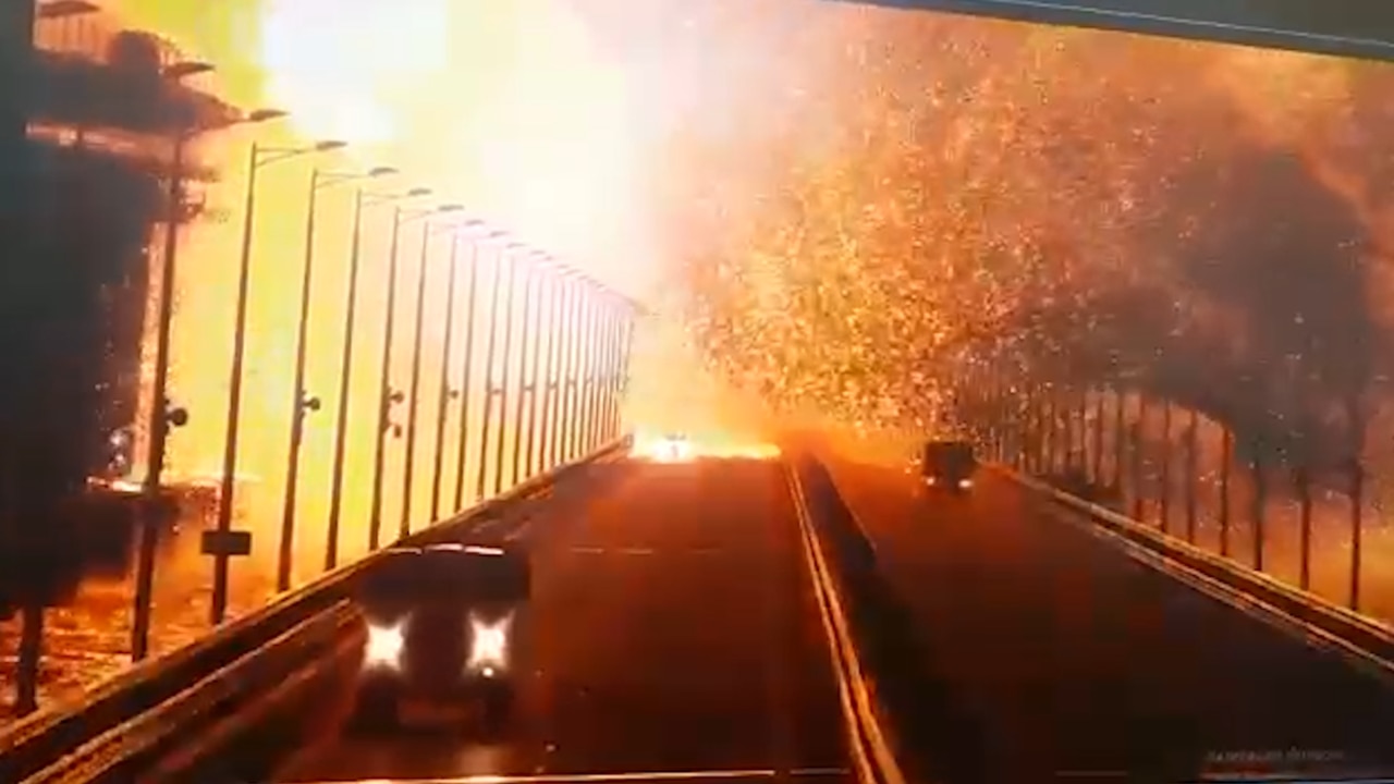 The moment a bridge linking Crimea to Russia was hit by a missile.