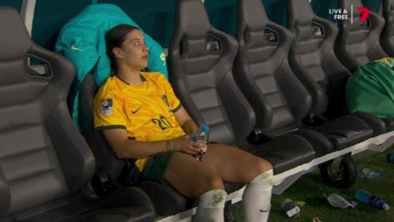 Sam Kerr takes a moment to herself after the penalties madness. Photo: Channel 7.