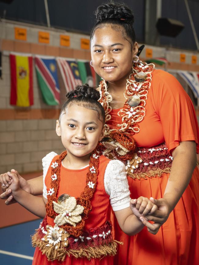 Sisters Tapaita (Yr1) and Hifo (Yr6) Leaaemanu represent Tonga at Harmony Day celebrations at Darling Heights State School. Picture: Kevin Farmer