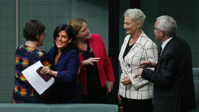 Independents Cathy McGowan, Rebekha Sharkie, Kerryn Phelps and Andrew Wilkie speak with Julia Banks after she stood in the House of Representatives and resigned as Liberal backbencher to join the Independents. Picture Gary Ramage