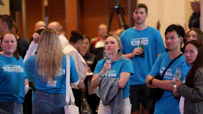 Young Liberal supporters paint a glum picture as they watch NSW election results roll in last night. Picture: Damian Shaw