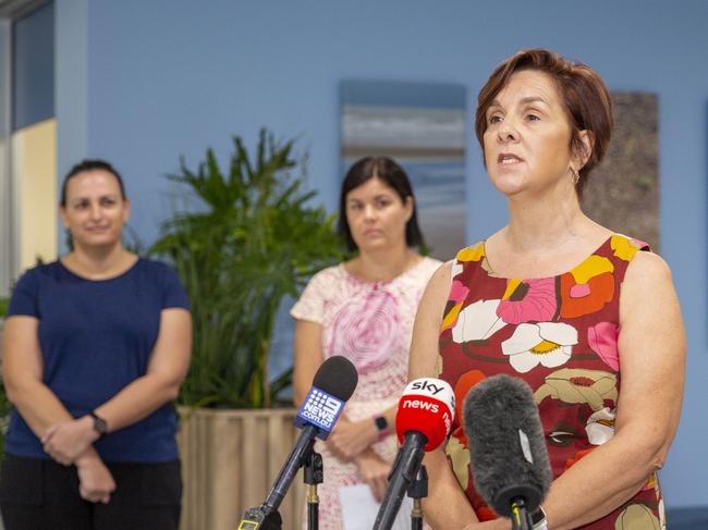 NT Primary Health Network chief executive Gillian Yearsley speaking at a press conference which announced the Territory and federal funding of $43 million to be spent on mental health and suicide prevention services in the Territory. Picture: Floss Adams.