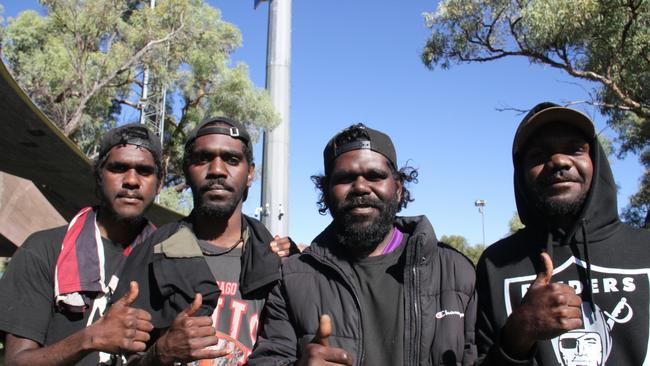 Tarin Nelson, Jabiz Long, Jameson Moss, and Mason Morton at Traeger Park, Alice Springs, for the Demons Saints game on June 1, 2025. Picture: Gera Kazakov
