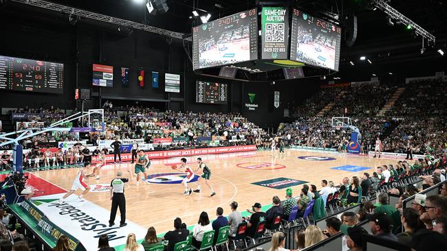 HOBART, AUSTRALIA - JANUARY 30: General view during the round 19 NBL match between Tasmania Jackjumpers and Illawarra Hawks at MyState Bank Arena, on January 30, 2025, in Hobart, Australia. (Photo by Steve Bell/Getty Images)