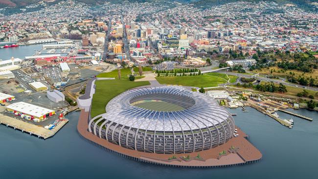 Concept drawings of a new design for a Macquarie Point Stadium by the Stadia Precinct Consortia led by Dean Coleman and Paul Lennon. Picture: SolutionsWon