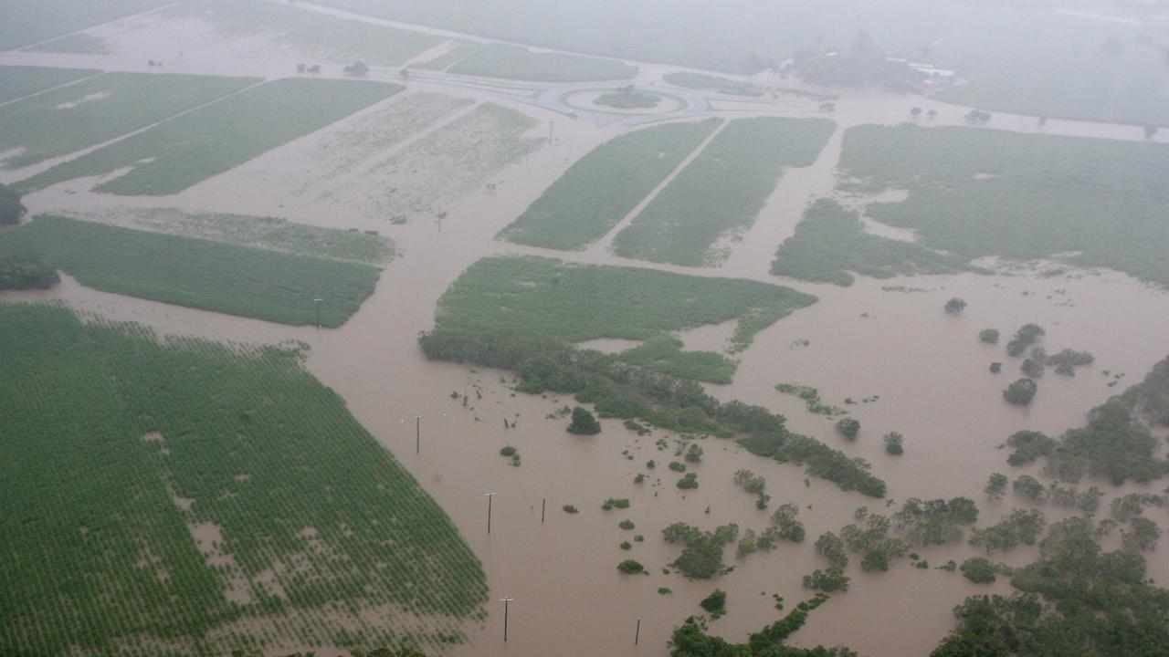 Aerial of Machans Beach roundabout which was closed due to flood waters.