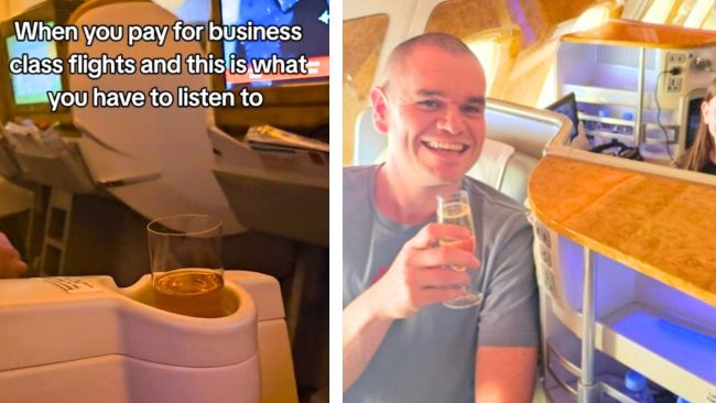 ‘Flying business class and have to listen to this’