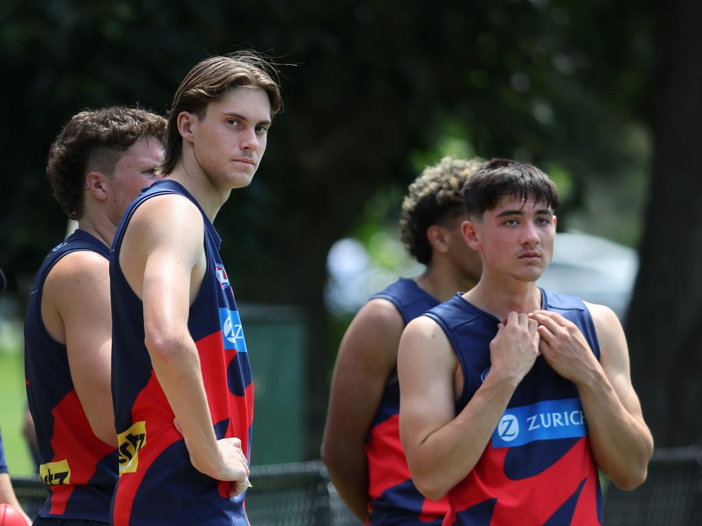 Kalani White (son of former Demon Jeff White) and Melbourne NGA prospect Toby Sinnema during training. Picture: David Caird