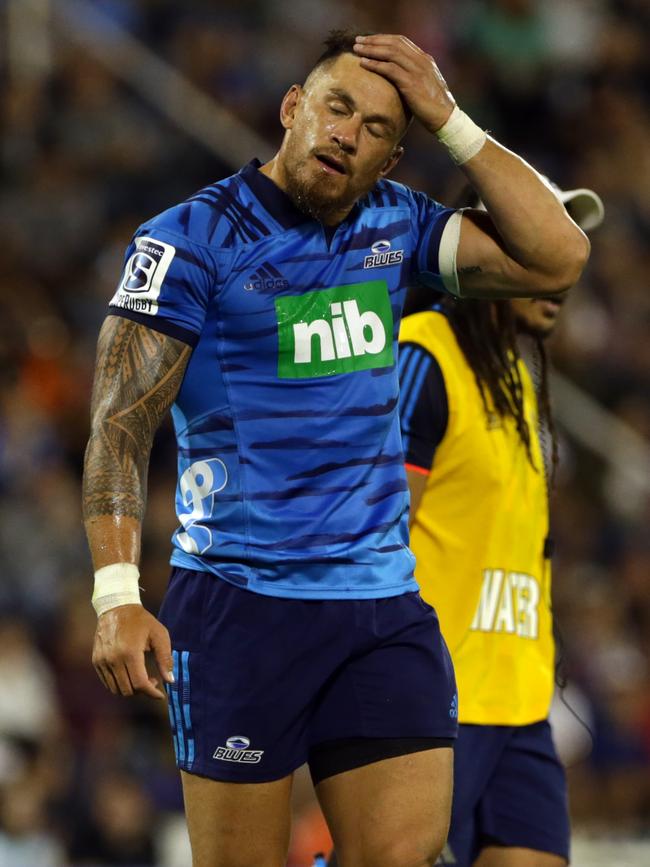 BUENOS AIRES, ARGENTINA - MARCH 02: Sonny Bill Williams of Blues reacts during a Super Rugby Rd 3 match between Jaguares and Blues at Jose Amalfitani Stadium on March 2, 2019 in Buenos Aires, Argentina. (Photo by Daniel Jayo/Getty Images)