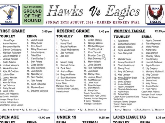 Team sheets for the Toukley vs. Erina fixtures.